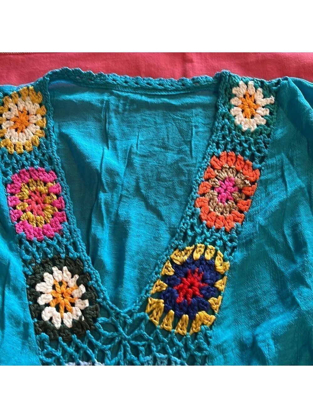 Turquoise maxi coverup with granny squares. One Size. - Picture 7 of 7